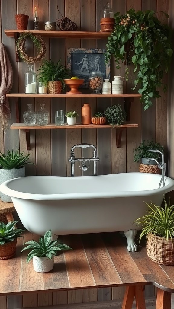A vintage clawfoot tub surrounded by plants and rustic decor in a farmhouse bathroom.