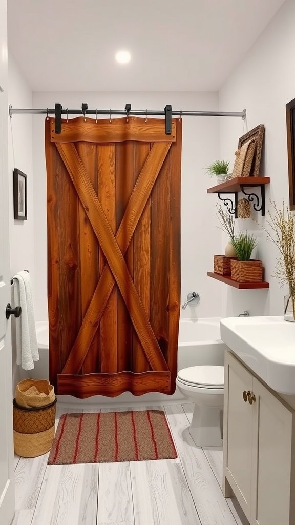 A bathroom featuring a barn door shower curtain, wooden shelves, and a cozy rug.