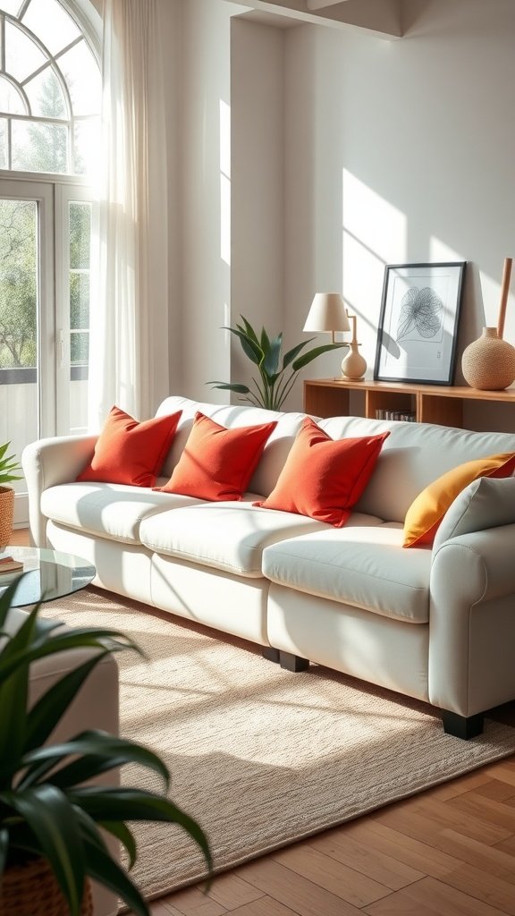 A cozy living room featuring a creamy white sofa with orange pillows, natural light, and plants.