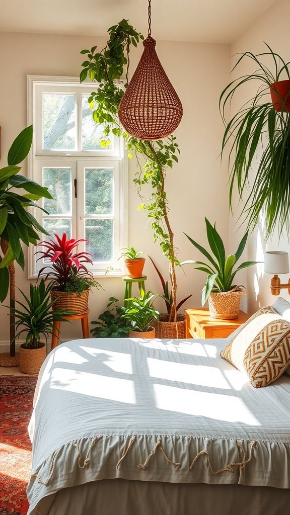 A cozy boho bedroom filled with various indoor plants, sunlight streaming through the windows, and a woven pendant light.
