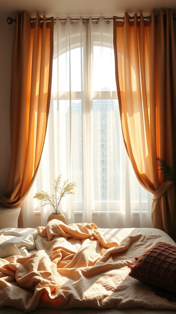 A cozy bedroom with layered curtains in warm tones, showcasing a soft and inviting atmosphere.
