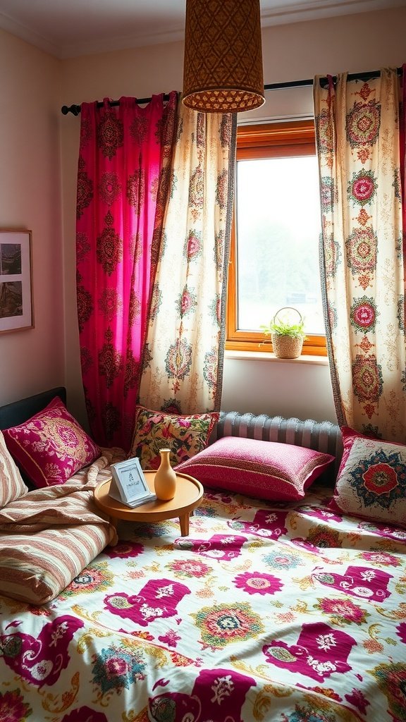 A cozy boho bedroom featuring vibrant pink curtains, floral bedding, and layered pillows.