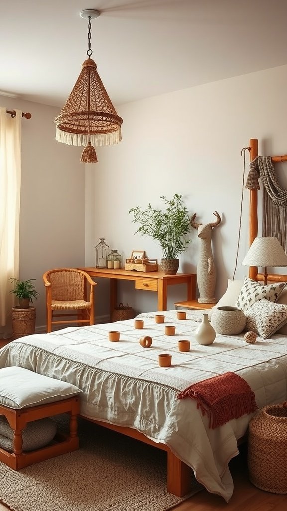 A cozy boho bedroom featuring natural wood accents, including a wooden bed frame, side table, and chair, complemented by soft textiles and a woven lampshade.
