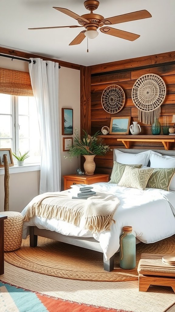 A cozy boho bedroom with wooden walls, macramé decorations, and natural light