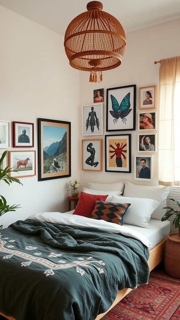 A cozy boho bedroom featuring a personalized gallery wall with various framed artworks and photographs.