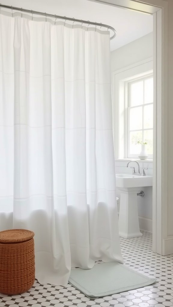 A soft linen shower curtain in a bright bathroom with a woven basket and hexagonal tile floor.