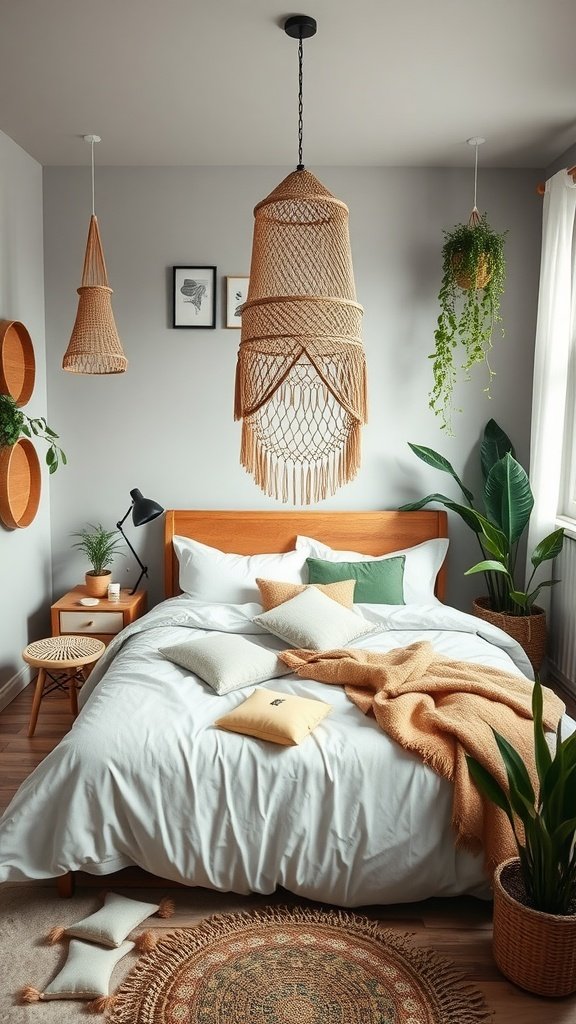 A cozy boho bedroom featuring sustainable materials, with woven light fixtures, organic bedding, and indoor plants.