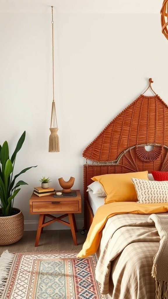 A boho bedroom featuring a unique woven headboard, wooden nightstand, and cozy bedding.