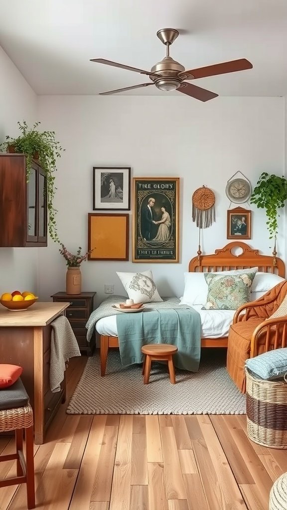 A cozy boho bedroom featuring vintage furniture, a wooden bed frame, decorative pillows, and plants.