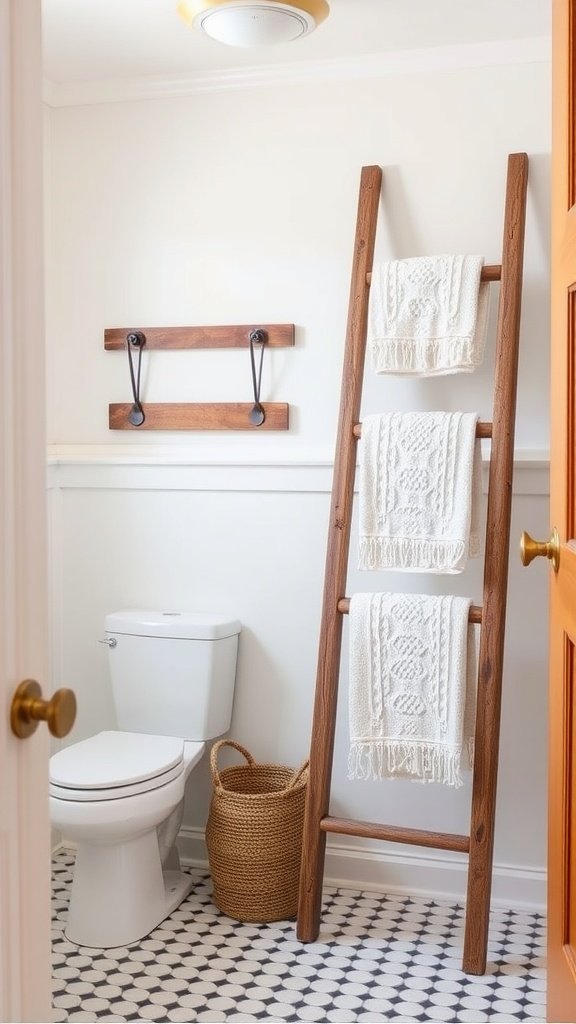 A vintage wooden ladder towel rack holding white towels in a farmhouse bathroom.