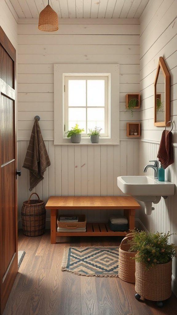 A cozy farmhouse bathroom featuring a wooden bench, plants, and natural decor.